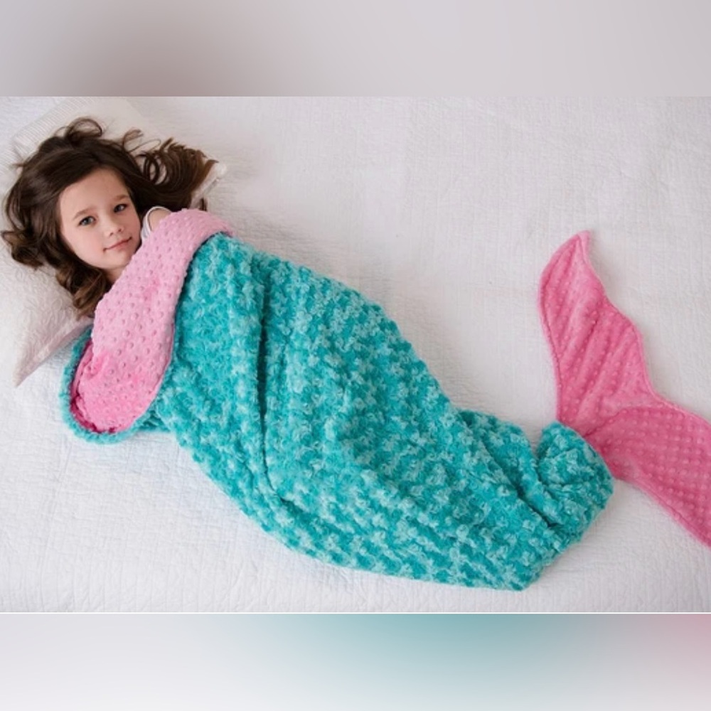 Cozy Mermaid Tail Blanket for Kids - Pink and Blue. By Tara’s Cozy Creations. - Picture 2 of 12